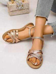 Sandal Kasual Wanita Model Baru Musim Panas Warna Rose Gold, Serbaguna, Minimalis, Ringan, Nyaman, dengan Ujung Bulat dan Terbuka. - Rose Gold - View 2