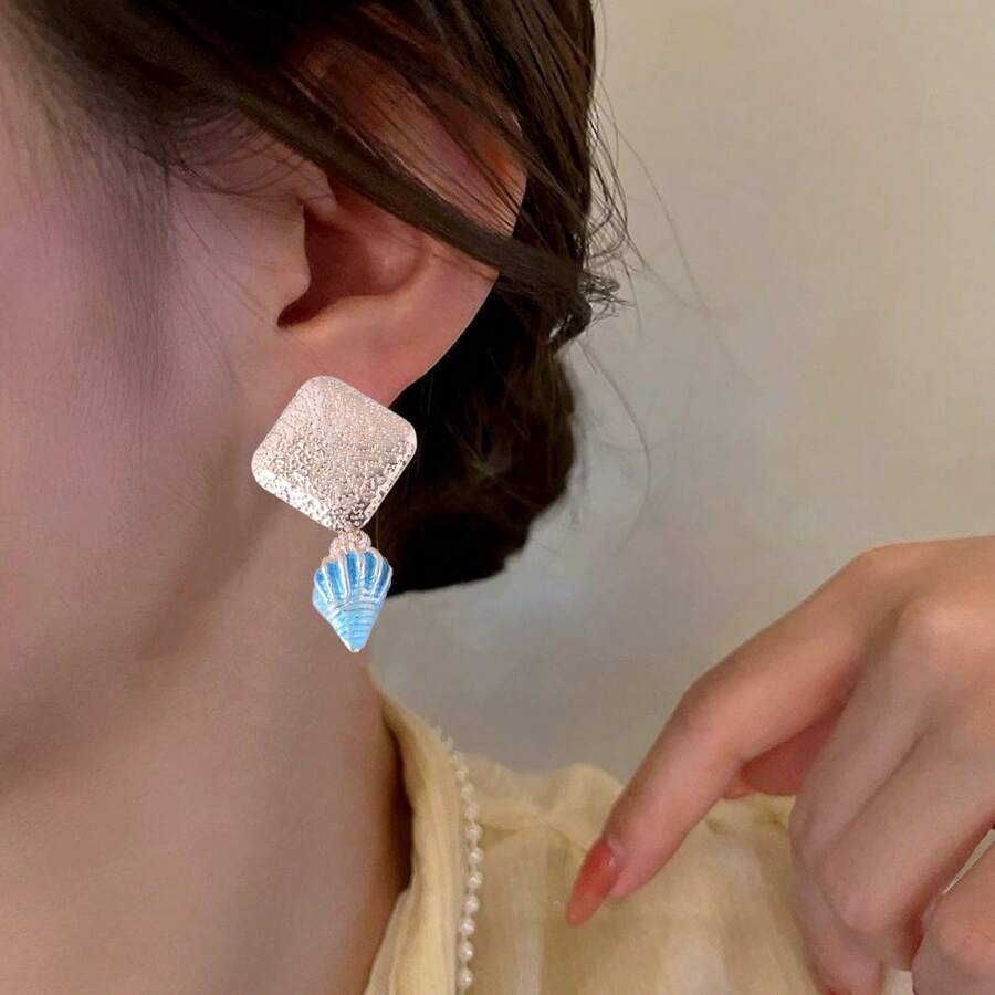 1对贝壳和海螺耳钉，简约菱形贝壳耳环，海洋风格首饰 - 金色 - 查看 1