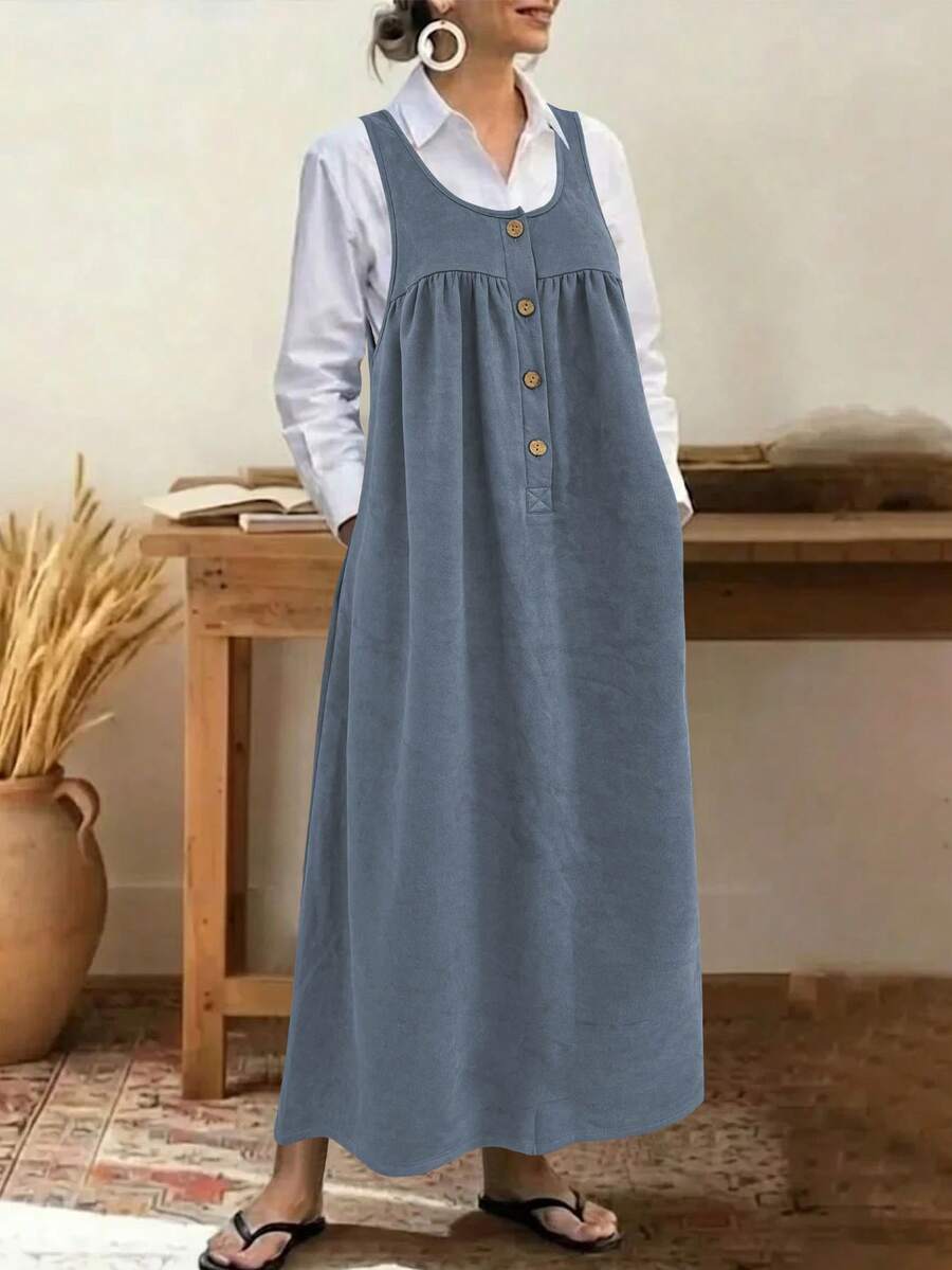 Vestido de invitada de boda casual con botones decorativos de unicolor, vestido midi suelto sin mangas elegante para mujer