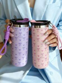 1pc 500ml Ins Style Heart & Bow Stainless Steel Double Wall Insulated Coffee Cup, Tumbler, Travel Mug, Tea Cup, Water Bottle, Suitable For Travel, Office, Home, School, Car, Christmas, Mother's Day, Valentine's Day, Birthday Gift - Multicolor - View 9