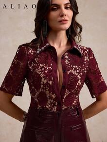 Women's Elegant Lace Collar Blouse, Rhinestone Collar Design, Suitable For Daily Wear, Dates, Holidays, And Wedding Season, Spring/Summer - Burgundy - View 6