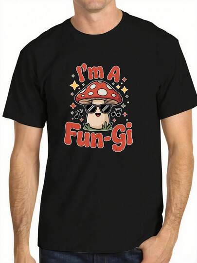 Mushroom With Sunglasses And Music Notes Printed Premium Cotton T-Shirts Men Summer Short Sleeve Tees Casual Tops