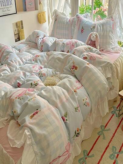 3pcs Korean Style Blue Floral Lace Bedding Set, Cute Bow Decor Bedding For Girls, 1pc Soft Ruffle Duvet Cover And 2pcs Pillowcases (Without Any Fillings)