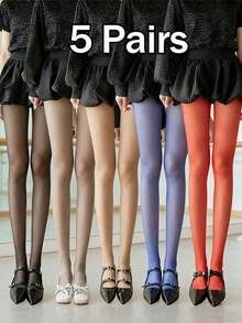 5 Pasang Stoking Nilon Tipis Wanita - Pinggang Anti Selip, Tekstur Halus Ringan, Desain Warna Polos, Cocok untuk Musim Semi, Musim Panas, Musim Gugur, Sehari-hari dan Acara Formal, Cuci dengan Tangan - MultiWarna - View 3