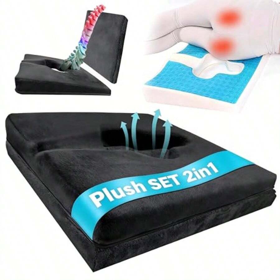 Gel Wheelchair Seat CushionBed Sore Cushions For Butt Pressure Sore Cushion For Office Chair Hemorrhoid Pillow Sciatica Coccyx Pain Relief Butt Pillow. Plush-FabricandSupport-Enhanced Set Black - 毛絨布料支撐增強套裝黑色 - 查看 1