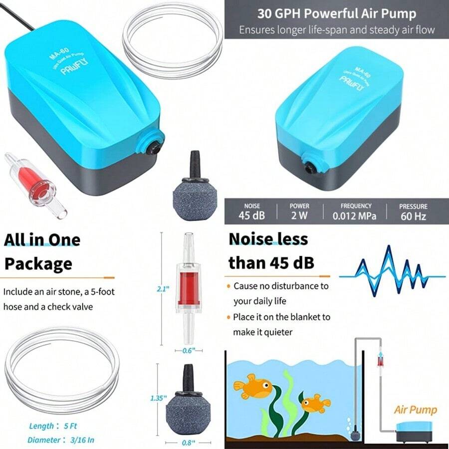 Pawfly Aquarium 15-40 GPH Compact Air Pump Quiet Oxygen Aerator Pump With Air Stone/Na Bio Sponge Filter Airline Tubing And Check Valve Accessories For 3-20 Gallon Buckets And Fish Tanks - Màu xanh da trời - Xem 1