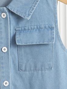 Tween Girls' Light Blue Denim Sleeveless Knee-Length Dress, Casual Sweet Minimalist Style, Summer - Blue - View 6