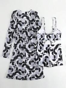 Biquíni Impressão Total Cordão Com Saida De Praia Kimono 3-Pieces Geometric Print Bikini Sets, V Neck Boxer Short Bottom With Cover Shirt Long Sleeves Swimsuit, Women's Swimwear - Preto e Branco - Visão 6