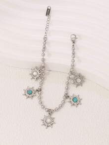 1件装不锈钢太阳吊坠手链，女士18K镀金复古天然绿松石太阳珠链手链，腕饰礼品 - 手鍊 - 查看 2