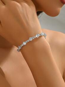 1pc Women's Elegant Fashion Shiny Rhinestone Round Open Cuff Bracelet, Suitable For Daily Wear - Silver - View 3