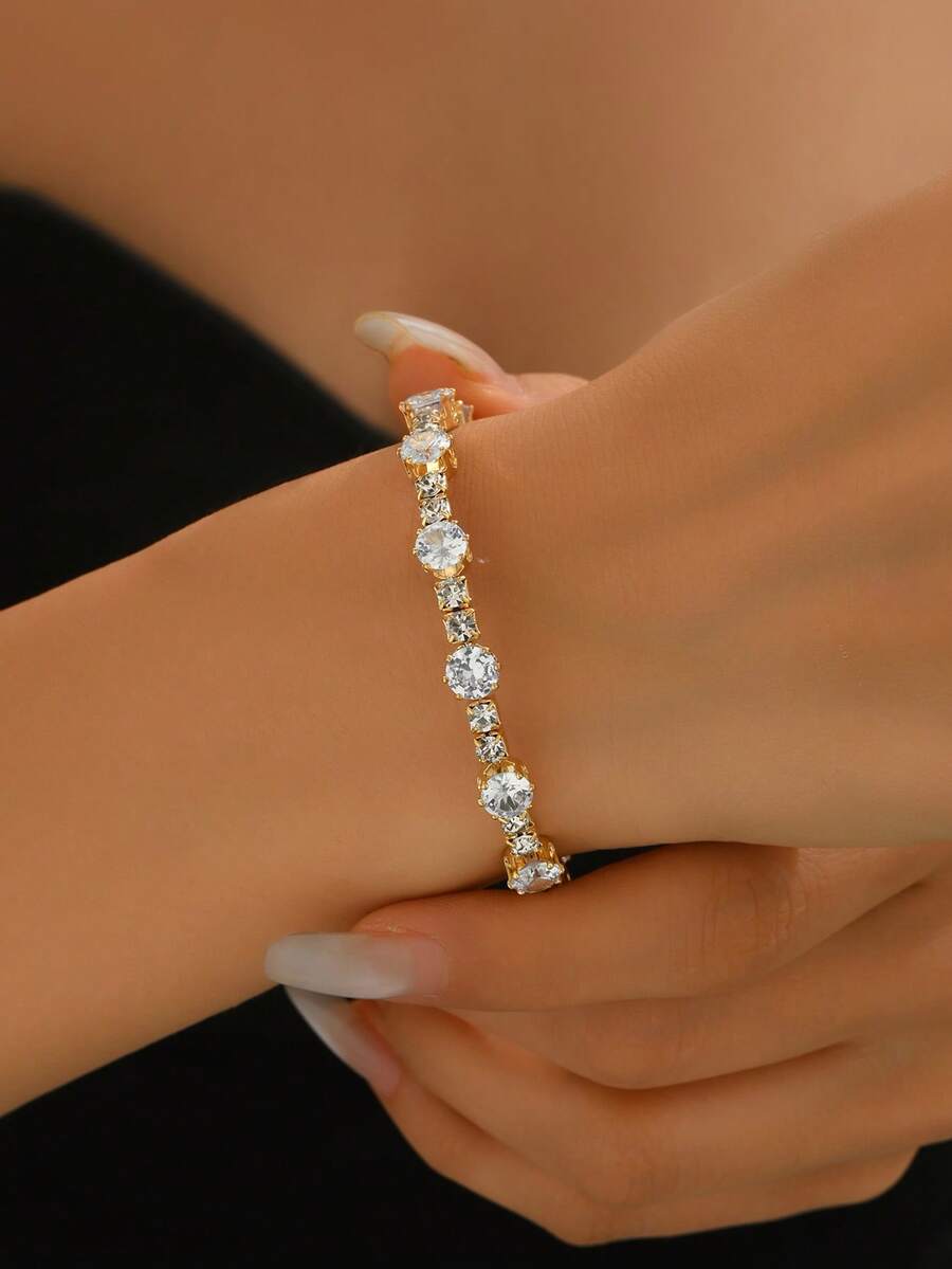 1pc Women's Elegant Shiny Rhinestone Circular Claw Chain Bangle, Suitable For Daily Wear - Gold - View 1