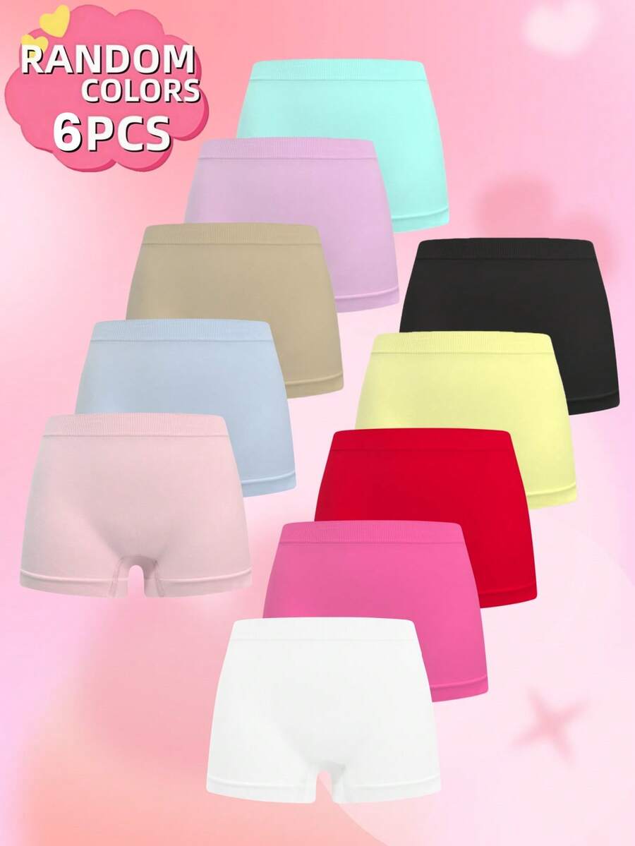 6pcs Random Color Teen Girls Minimalist Solid Color Sports Shorts, Seamless Soft Skin-Friendly Breathable Basic Boxer Briefs, Suitable For All Seasons Daily Wear - Multicolor - View 1