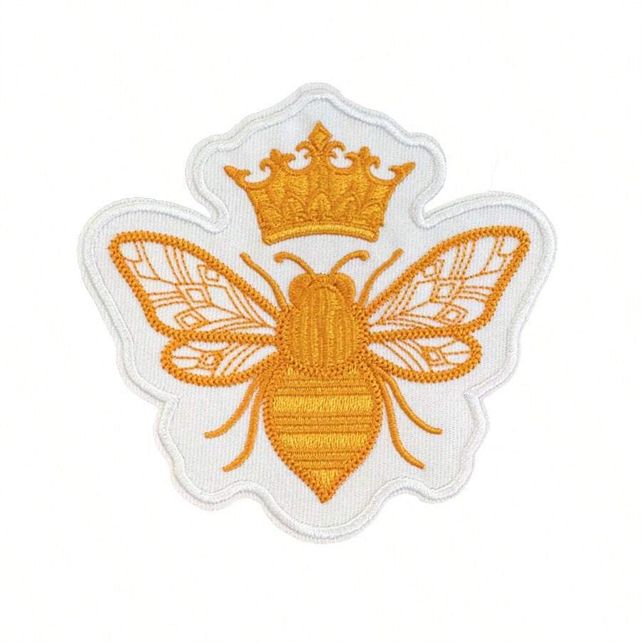 1pc Vintage Gold Bee Embroidered Patch, Bee Queen Patch, Crown Bee Patch, Iron-On - Multicolor - View 1