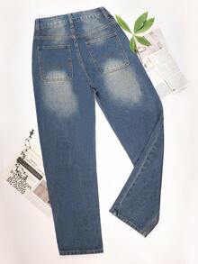 Women's Loose Distressed Straight Leg Jeans, Vintage Wash, Elegant & Fashionable, Y2K Outdoor Style, Non-Stretch Fabric, Suitable For Casual Wear In Spring & Summer, Blue, 2026 New Arrival - Blue - View 10