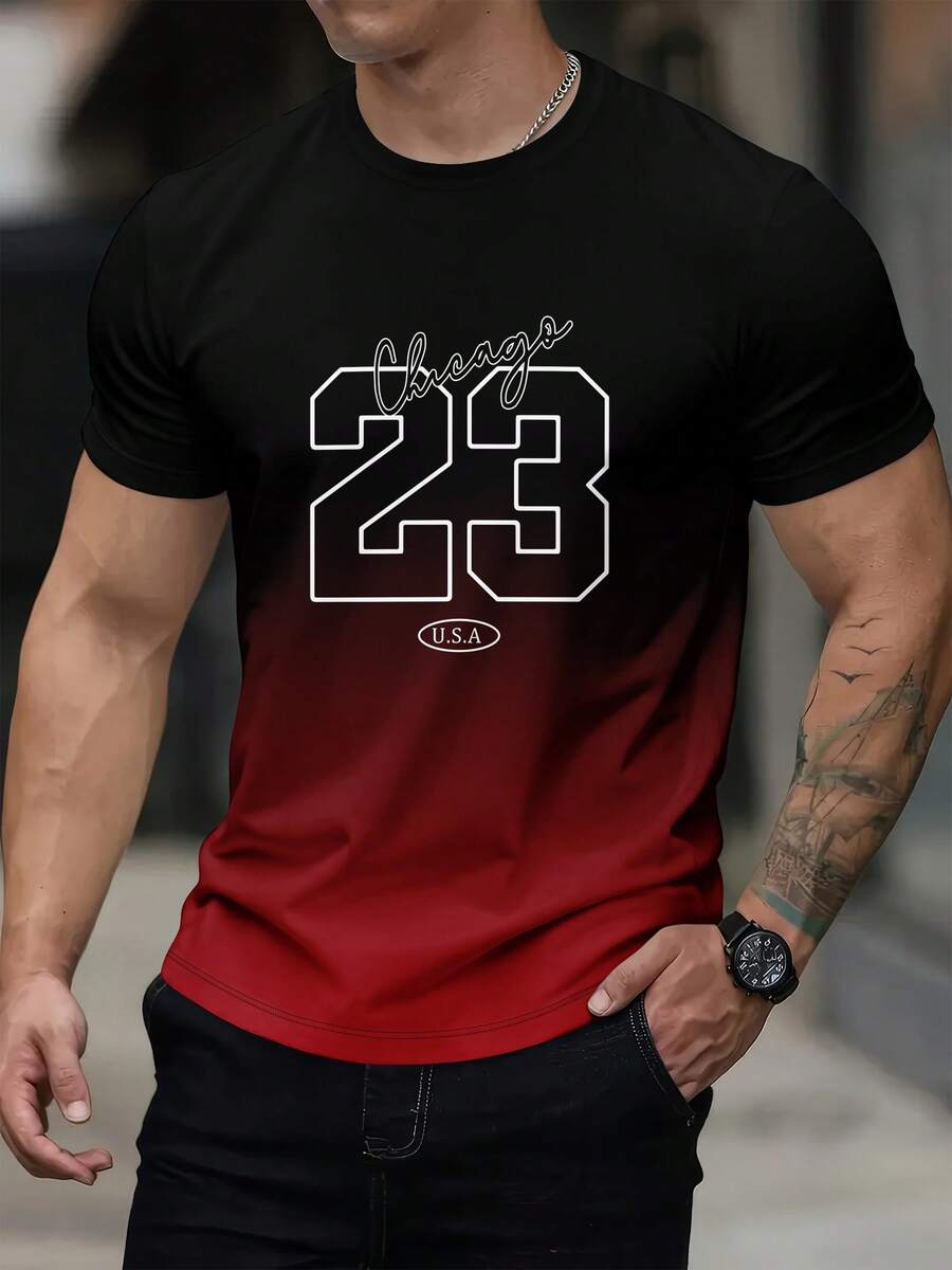 Camiseta de manga corta con estampado de número 23 y efecto degradado, con estilo deportivo para hombre - Multicolor - Ver 1