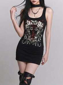 女士黑色吊带连衣裙，时尚优雅，散发哥特式性感风格，适合春夏街头穿搭、节日派对和约会。 - 黑色 - 查看 4