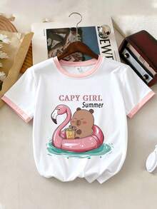 2pcs Girls' Cute Cartoon Summer Print T-Shirt And Shorts Set, Soft & Comfortable Fabric, Spring/Summer - Multicolor - View 3
