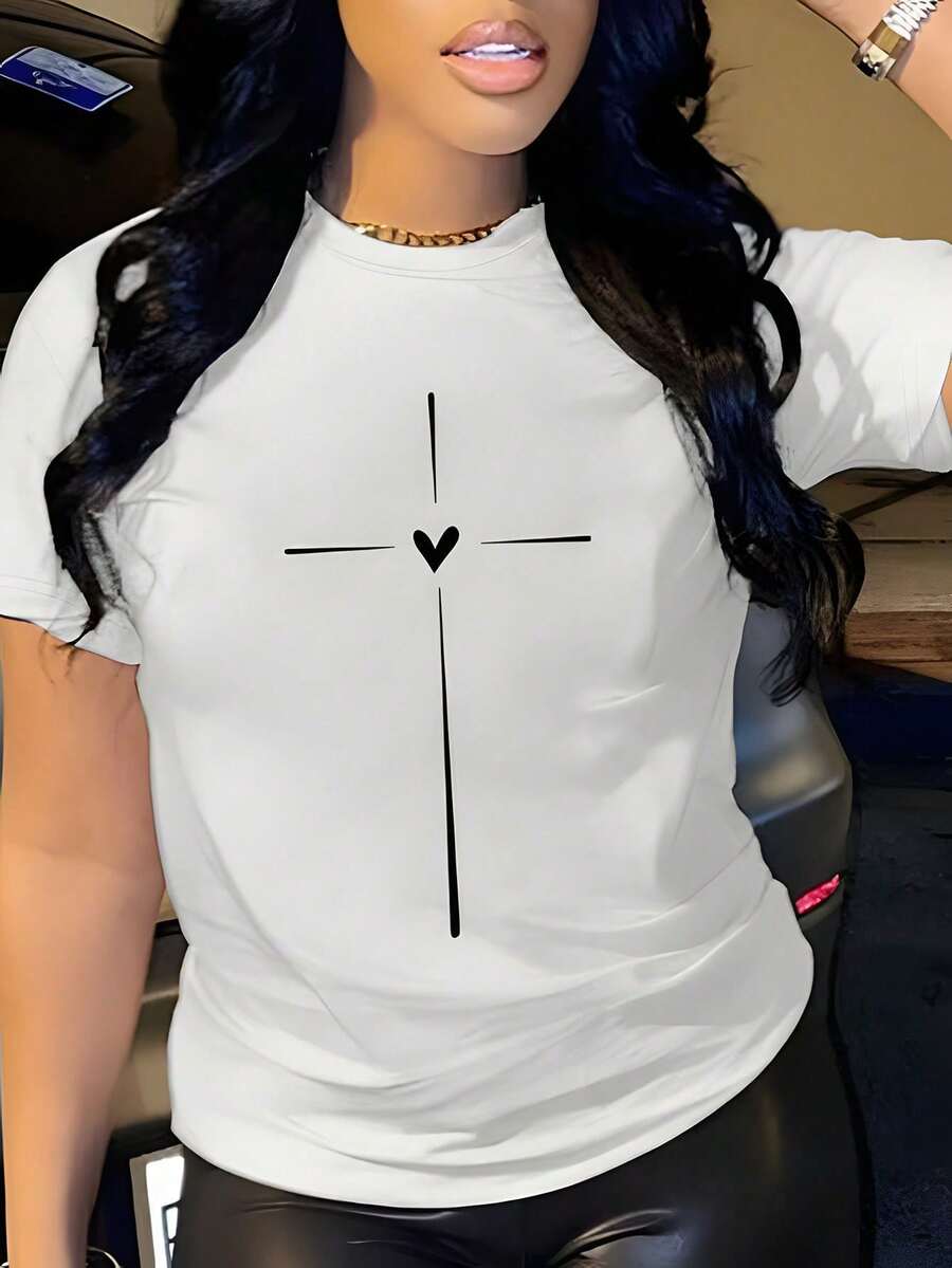 Valentine's Day Gift Casual T-Shirt, Women's Minimalist Cross With Heart Graphic Tee, White Simple Line Christian Cross Print, Short Sleeve Crew Neck Slim Fit Faith-Based Top, Soft And Comfortable Daily Wear Shirt For Holiday And Everyday Outfits, Ideal For Expressing Spiritual Beliefs And Gentle Devotion (Single Piece, Material: 100% Cotton) - 白色 - 查看 1