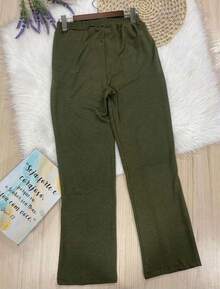 High-Waisted Wide-Leg Pants With Crease, Plain Wool, For Winter. - Army Green - View 2