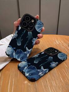 1个简约个性化鲸鲨与蓝色花朵环绕竖条纹仿皮软保护手机壳，适合作为礼物送给朋友和爱人，兼容苹果 17/17AIR/17PRO/17PROMAX - 彩色 - 查看 2