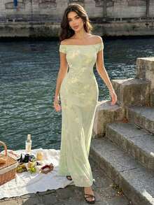 女士优雅浅绿色碎花露肩荷叶边修身连衣裙，时尚无袖夏季连衣裙，浪漫河畔野餐装扮 - 橄欖綠 - 查看 7