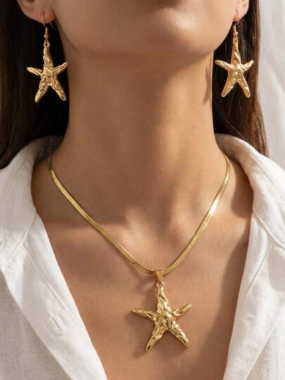 Conjunto de joyería de 3 piezas con collar y aretes con diseño de estrellas de mar, estilo primavera/verano y vida marina, accesorios de moda y elegantes para mujer, adecuados para uso diario, regalos, casual y vacaciones