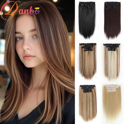 4 Parça Görünmez Klipsli Saç Uzantısı, Kalınlaştırıcı ve Vurgulu Saç Parçaları, 14 İnç Düz Kısa Sentetik Saç Örgüleri, Kadın Saç Tokaları, Saç Aksesuarları