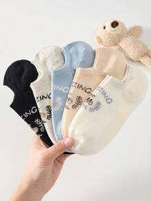 5 Pairs Women's Cute Cartoon Bear Pattern Casual Ankle Socks, Suitable For Daily Wear, All Seasons - Multicolor - View 5