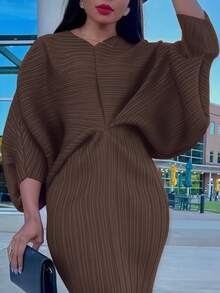 Women's Pleated Batwing Sleeve Dress - V-Neck Solid Color, Comfortable Fabric, Suitable For Daily, Casual, Office & Formal Dinner Occasions, One Size (Up To XXL) - 卡其色 - 查看 4