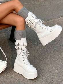 Goth Platform Boots For Women Back To School Punk Motorcycle Boots Mid Calf Round Toe Boots Back Zip Wedges Fall Boots - White - View 2