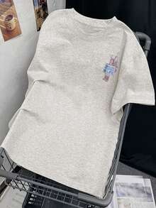 2026 Summer New Women's Round Neck Casual Loose Design Graphic Tee, Anime Print Versatile Short Sleeve T-Shirt, 1 Piece - Light Gray - View 5