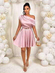 AIJ Amarilo Women's Pink Satin Mini Dress - One Shoulder Ruffle Design With Metal Buckle Belt, Sexy And Elegant Wedding Guest Outfit - Pink - View 5