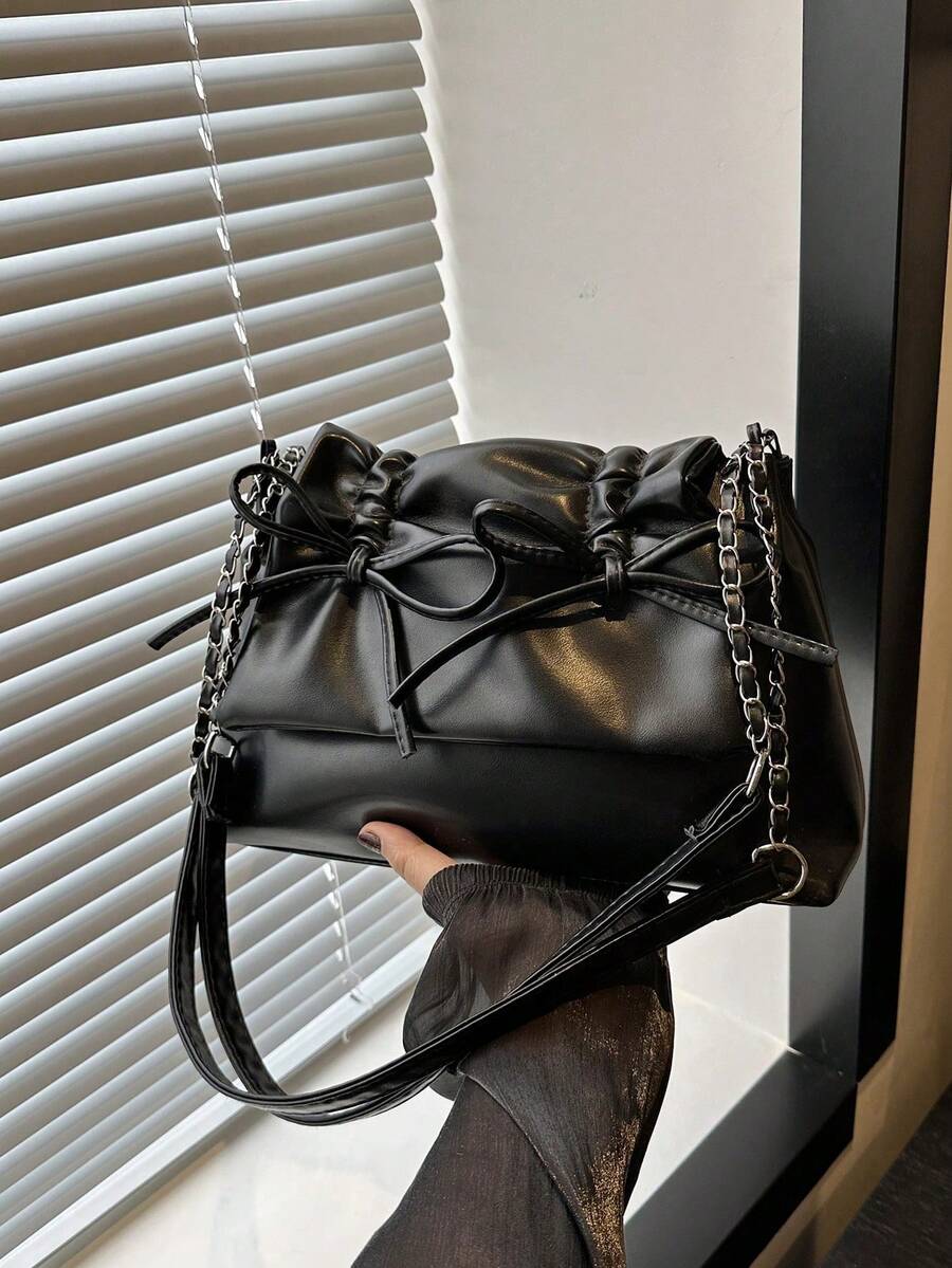 黑色蝴蝶结装饰抽绳褶皱蝴蝶结PU材质翻盖拉链单肩包,配有可调节肩带,适合日常通勤 - 黑色 - 查看 1