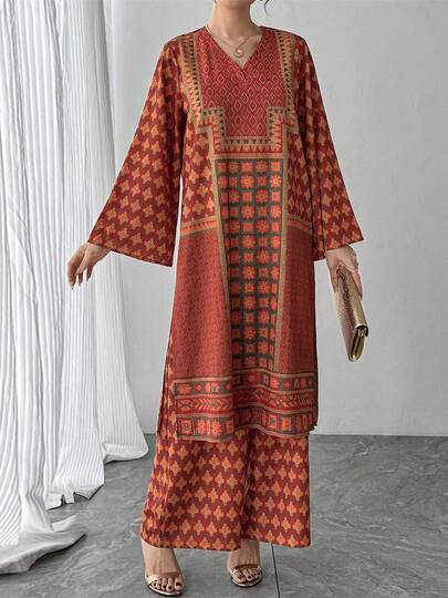 女士两件套，橙色几何印花V领喇叭袖长款套头衫+橙色几何印花弹力腰阔腿裤，优雅女士奢华撞色正式套装，送给妈妈、女儿、妻子、女友的完美节日礼物