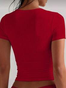 Women's Baby Tee Blouse In Spandex, Basic Casual Fashion - Đỏ - Xem 3