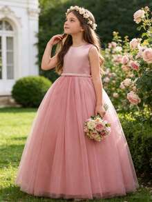 优雅粉色花朵花童裙配珍珠蝴蝶结，公主裙，适合婚礼、舞会、派对、生日、圣诞节 - 粉色 - 查看 5