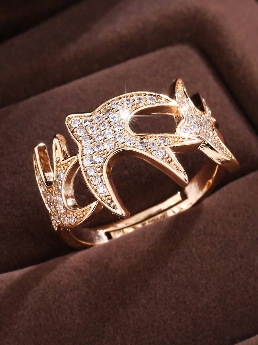 1枚微镶嵌锆石开口戒指，镂空鸟形设计，奢华高端手工饰品 - 開口戒指 - 查看 1