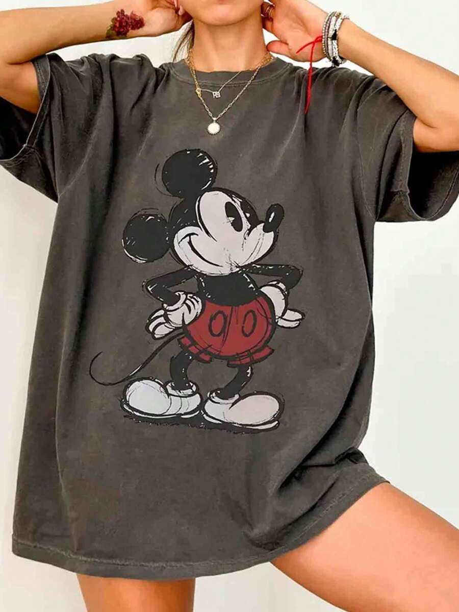 Disney UNIHLO   Mickey   Printed Summer Heavyweight Retro Washed Street Fashion Casual T-Shirt - Black - View 1