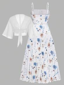 Bộ váy xòe xếp ly eo in hoa thanh lịch dành cho nữ, kèm áo khoác voan, thích hợp cho hẹn hò, ngày Valentine, kỳ nghỉ xuân. - Nhiều màu - Xem 2