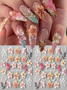 2片装5D立体盛开芙蓉花春季美甲贴纸，果冻压制花瓣，法式线条珠子美甲贴花，软雕婚礼美甲用品，DIY节日美甲装饰 - 彩色 - 查看 10