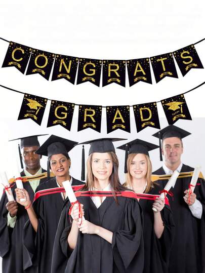 2 Sets - Pancarta de Felicitaciones Graduado, Decoraciones de Graduación Bandera Negra con Brillo, Decoraciones de Fiesta de Graduación 2026, Bandera Negra con Brillo, Banderas de Gallardete, Gorros de Graduación Colgantes, para Celebración de la Temporada de Graduación
