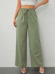 Green Drawstring Tie Waist Wide Leg Casual Pants, Suitable For Spring, Autumn, Daily Wear & Vacation - Army Green - View 6