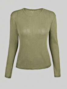Y2K Elastic Sheer Long Sleeve Crew Neck Fitted T-Shirt Top - Army Green - View 5