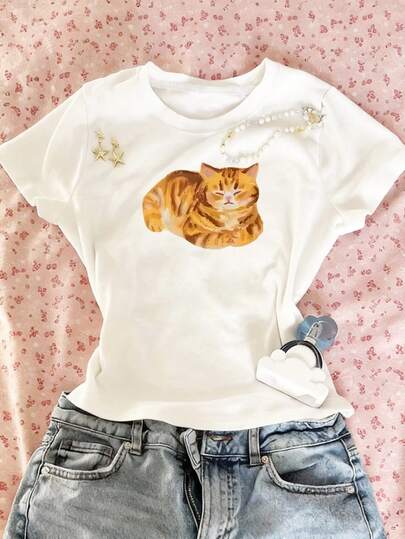 Camiseta casual de mujer de manga corta, cuello redondo, estampado de gato, bajo regular, tela elástica de verano