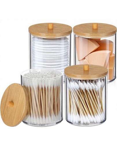4 Packs Swab Boxes, 10oz Clear Plastic Medicine Containers With Bamboo Lids, Suitable For Swabs, Dental Floss, Etc.; Clear Acrylic Storage Containers, Suitable For Bathroom Organization And Vanity Cosmetics Storage.