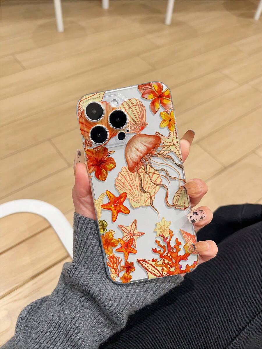 1pc Transparent Thick Shockproof UV Painted TPU Phone Case With Minimalist Orange Starfish, Shell, Jellyfish Marine Elements Pattern Design, Suitable Compatible With Iphone/ Galaxy/Pixel - Multicolor - View 1