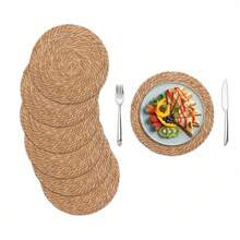 4-Piece Round Woven Placemat Set - 5-Inch Bohemian Rustic Rattan Placemats, Retro Woven Willow Table Mats | Natural Water Hyacinth Placemats & Rustic Jute Table Runner, Suitable For Dinner Plates, Kitchen Countertops, Housewarming Gifts, Dining Tables & Home Decoration - 棕色 - 查看 1