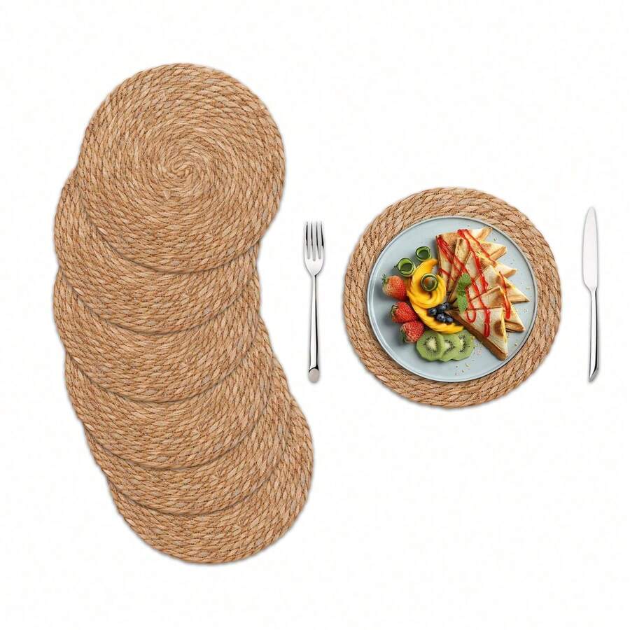 4-Piece Round Woven Placemat Set - 5-Inch Bohemian Rustic Rattan Placemats, Retro Woven Willow Table Mats | Natural Water Hyacinth Placemats & Rustic Jute Table Runner, Suitable For Dinner Plates, Kitchen Countertops, Housewarming Gifts, Dining Tables & Home Decoration - 棕色 - 查看 1