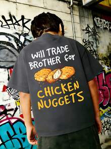 Camiseta de cuello redondo de manga corta con estampado gráfico informal para niño preadolescente, top de verano - Gris Oscuro - Ver 3