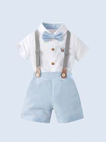 BOARNSEORL 2pcs Young Boys Gentleman Outfit - White Shirt With Bow Tie And Blue Suspender Pants, Suitable For Birthday Party, Formal Event, Wedding, Baby Shower - Blue and White - View 3